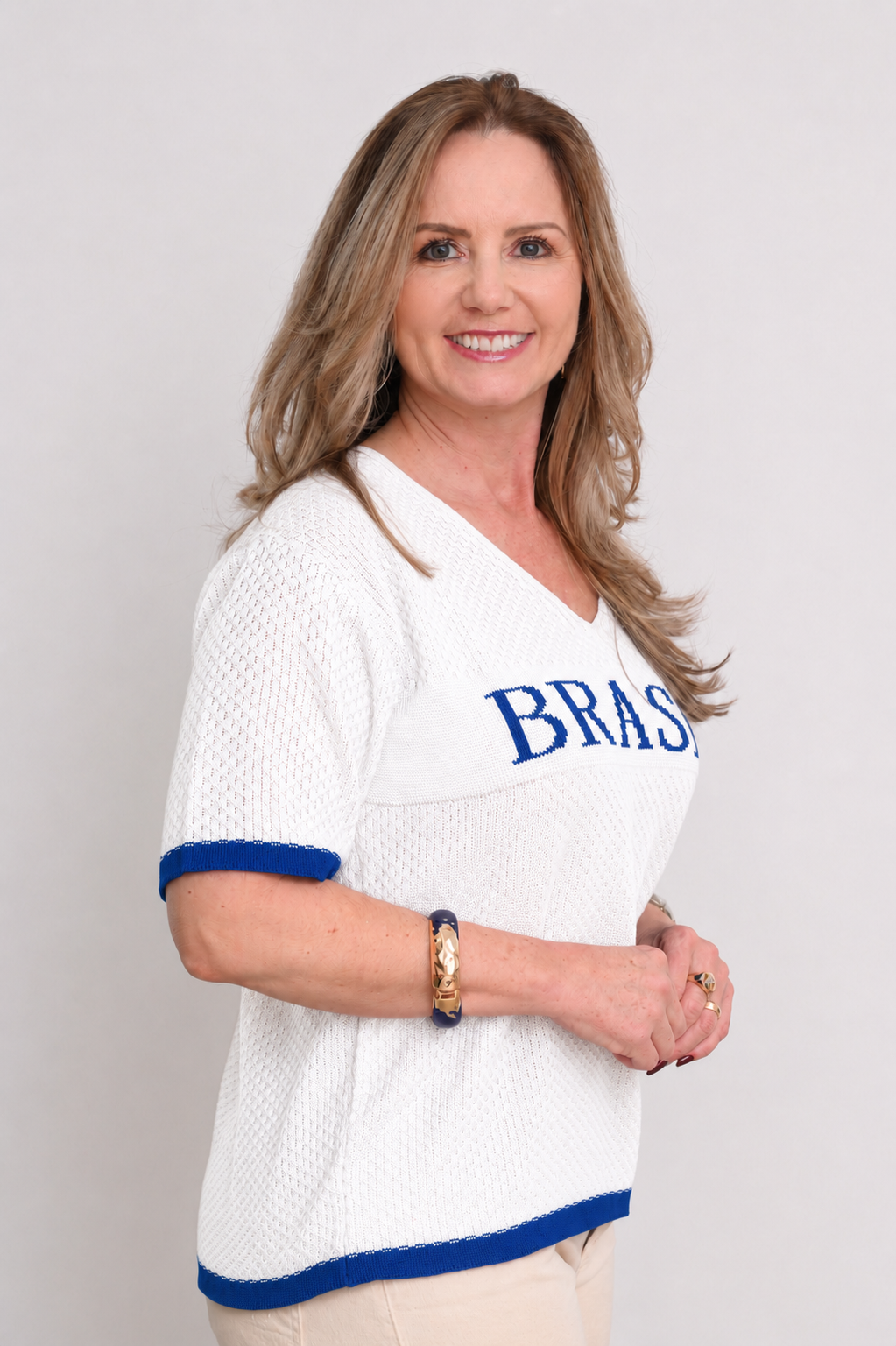 BLUSA DO BRASIL BRANCA COM AZUL TRICOT ESSENZA